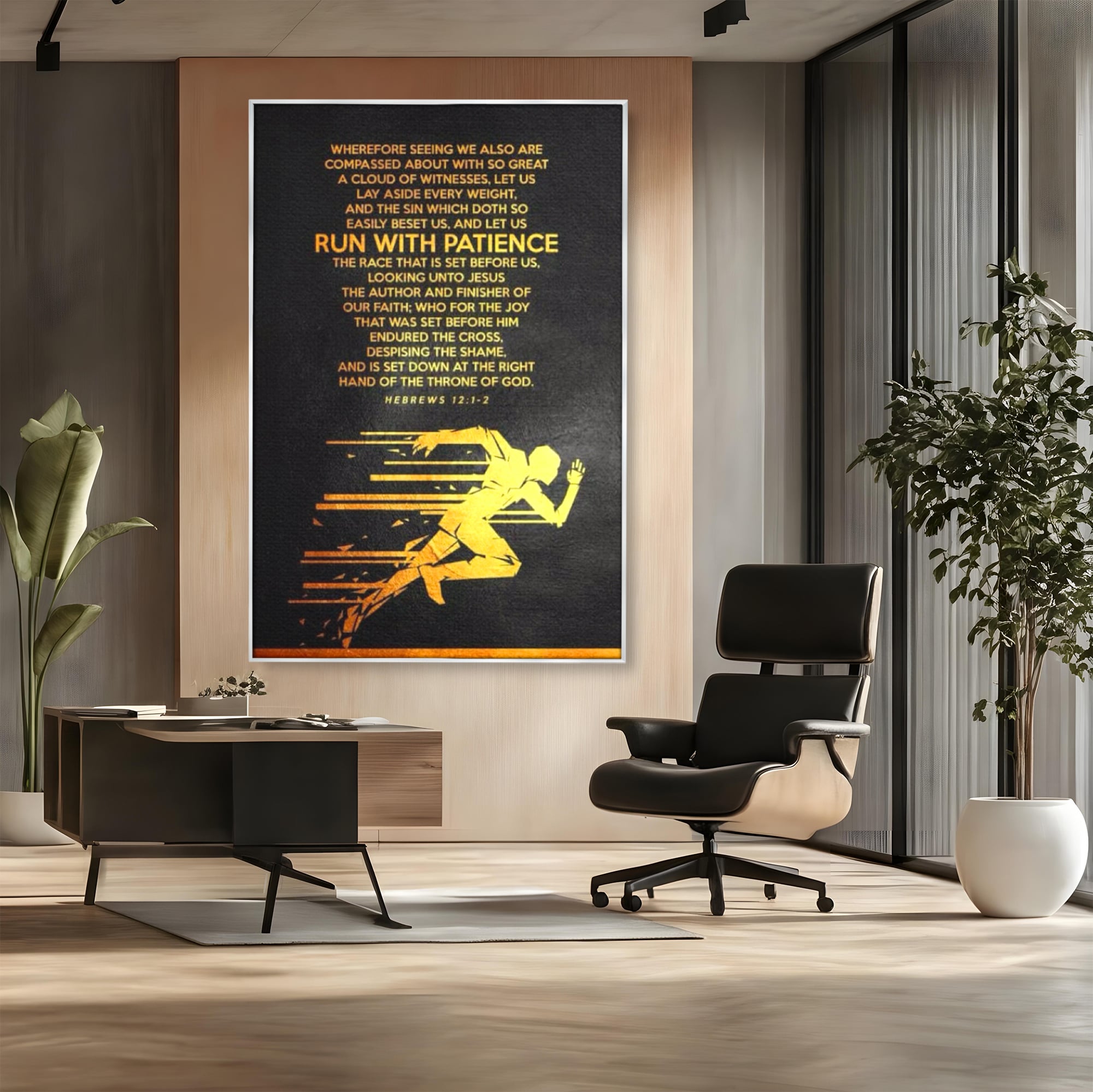 Tablou canvas cu tablou canvas cu alergator si verset biblic, in rama de aluminiu argintiu, pe perete intr-un birou